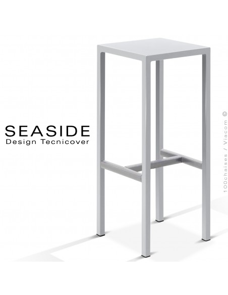 Tabouret de bar ou mange debout d'extérieur, structure et assise carré, acier galvanisé peint blanc, avec repose pieds.