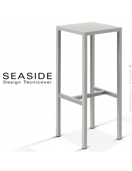 Tabouret de bar ou mange debout d'extérieur, structure et assise carré, acier galvanisé peint blanc perle, avec repose pieds.