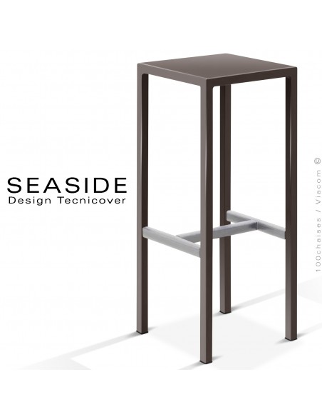 Tabouret de bar ou mange debout d'extérieur, structure et assise carré, acier galvanisé peint bronze, avec repose pieds.