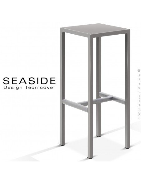 Tabouret de bar ou mange debout d'extérieur, structure et assise carré, acier galvanisé peint gris, avec repose pieds.