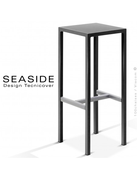 Tabouret de bar ou mange debout d'extérieur, structure et assise carré, acier galvanisé peint noir, avec repose pieds.