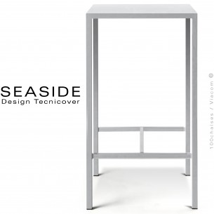 Table haute ou mange debout SEASIDE, structure acier galvanisé peint poudre blanc, plateau 60x60 cm., avec repose pieds.