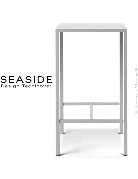 Table haute ou mange debout SEASIDE, structure acier galvanisé peint poudre blanc, plateau 60x60 cm., avec repose pieds.