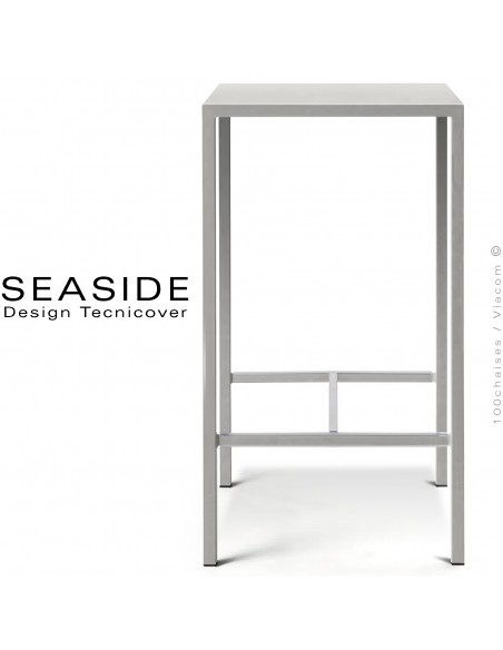 Table haute ou mange debout SEASIDE, structure acier galvanisé peint poudre blanc perle, plateau 60x60 cm., avec repose pieds.
