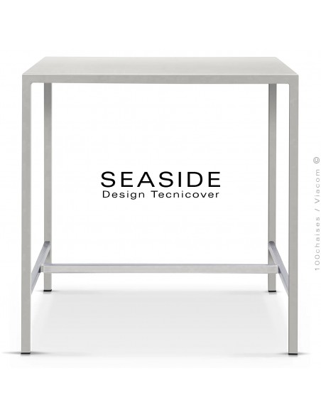 Table haute ou mange debout SEASIDE, structure acier galvanisé peint blanc perle, plateaux 105x60 cm., avec repose pieds.