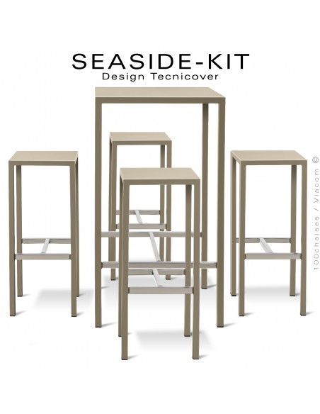 Ensemble 1 table haute, 4 tabourets SEASIDE, structure acier galvanisé peint beige, plateaux 75x75 cm., avec repose pieds.