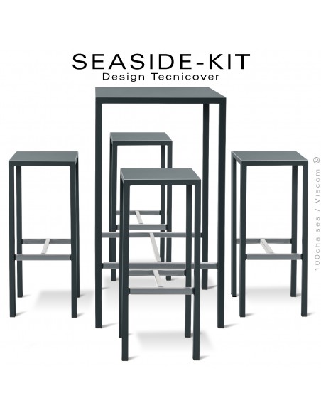Ensemble 1 table haute, 4 tabourets SEASIDE, structure acier galvanisé peint anthracite, plateaux 75x75 cm., avec repose pieds.