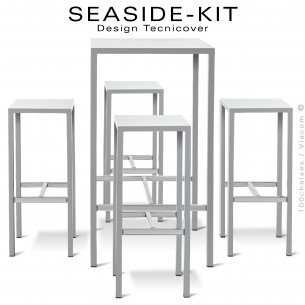 Ensemble 1 table haute, 4 tabourets SEASIDE, structure acier galvanisé peint blanc, plateaux 75x75 cm., avec repose pieds.