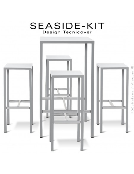 Ensemble 1 table haute, 4 tabourets SEASIDE, structure acier galvanisé peint blanc, plateaux 75x75 cm., avec repose pieds.