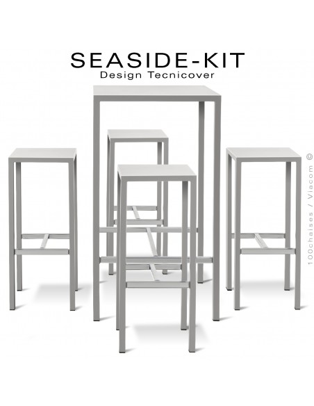 Ensemble 1 table haute, 4 tabourets SEASIDE, structure acier galvanisé peint blanc perle, plateaux 75x75 cm., avec repose pieds.