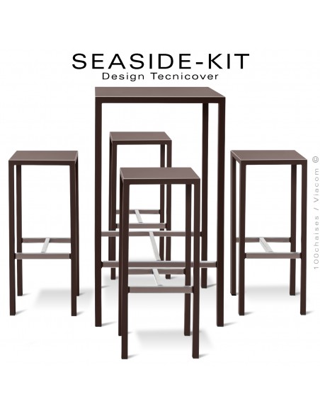 Ensemble 1 table haute, 4 tabourets SEASIDE, structure acier galvanisé peint bronze, plateaux 75x75 cm., avec repose pieds.