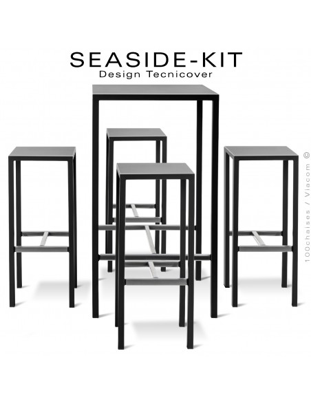 Ensemble 1 table haute, 4 tabourets SEASIDE, structure acier galvanisé peint noir, plateaux 75x75 cm., avec repose pieds.