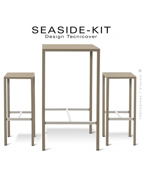 Ensemble 1 table haute, 2 tabourets SEASIDE, structure acier galvanisé peint beige, plateaux 60x60 cm., avec repose pieds.