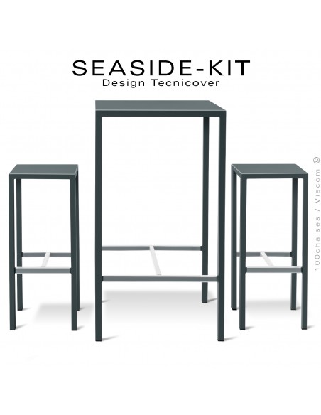 Ensemble 1 table haute, 2 tabourets SEASIDE, structure acier galvanisé peint anthracite, plateaux 60x60 cm., avec repose pieds.