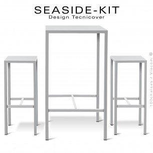 Ensemble 1 table haute, 2 tabourets SEASIDE, structure acier galvanisé peint blanc, plateaux 60x60 cm., avec repose pieds.