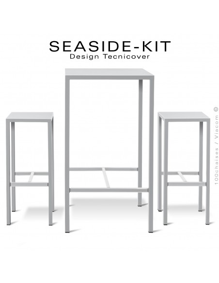Ensemble 1 table haute, 2 tabourets SEASIDE, structure acier galvanisé peint blanc, plateaux 60x60 cm., avec repose pieds.