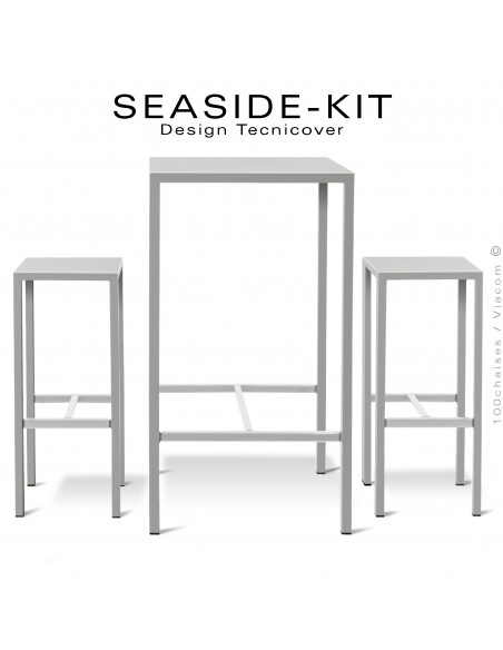 Ensemble 1 table haute, 2 tabourets SEASIDE, structure acier galvanisé peint blanc perle, plateaux 60x60 cm., avec repose pieds.