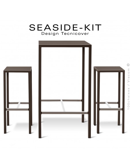 Ensemble 1 table haute, 2 tabourets SEASIDE, structure acier galvanisé peint bronze, plateaux 60x60 cm., avec repose pieds.