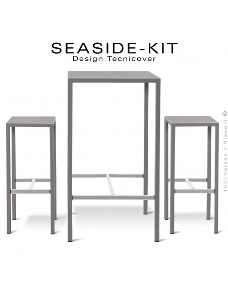 Ensemble 1 table haute, 2 tabourets SEASIDE, structure acier galvanisé peint gris, plateaux 60x60 cm., avec repose pieds.