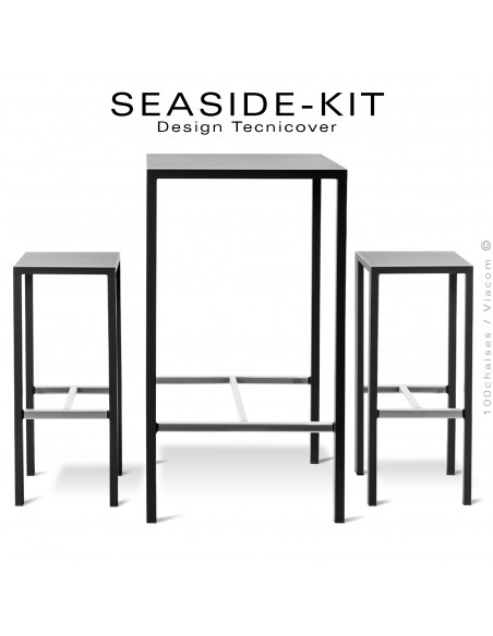 Ensemble 1 table haute, 2 tabourets SEASIDE, structure acier galvanisé peint noir, plateaux 60x60 cm., avec repose pieds.