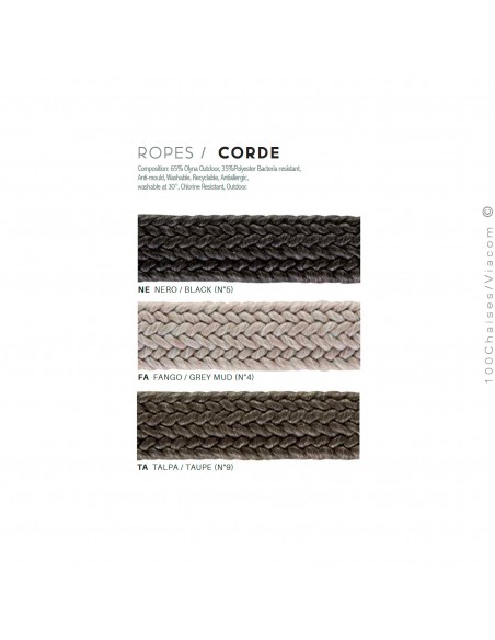 Couleur cordage dossier fauteuil SLOT, corde crème, marron taupe ou noir.