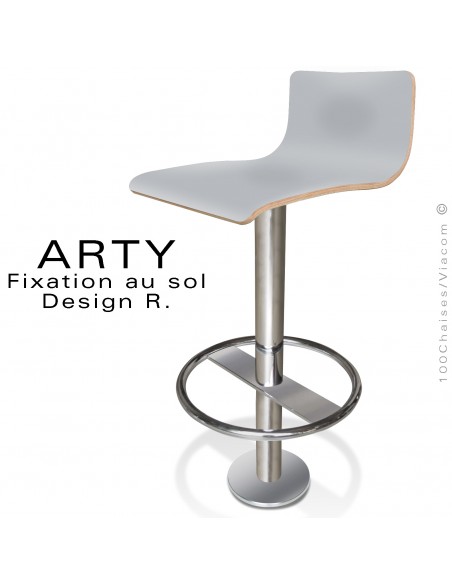 Tabouret de bar ARTY, colonne centrale fixation au sol avec repose pieds chromé, assise stratifié couleur argent-gris.