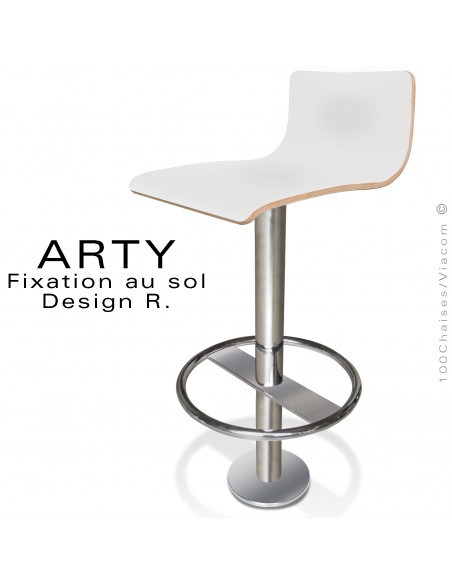 Tabouret de bar ARTY, colonne centrale fixation au sol avec repose pieds chromé, assise stratifié couleur blanche.