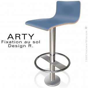 Tabouret de bar ARTY, colonne centrale fixation au sol avec repose pieds chromé, assise stratifié couleur bleu.