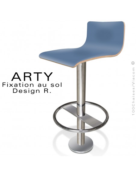Tabouret de bar ARTY, colonne centrale fixation au sol avec repose pieds chromé, assise stratifié couleur bleu.