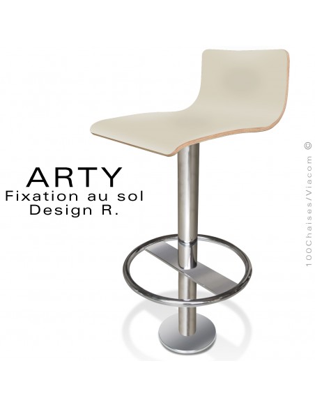Tabouret de bar ARTY, colonne centrale fixation au sol avec repose pieds chromé, assise stratifié couleur crème.