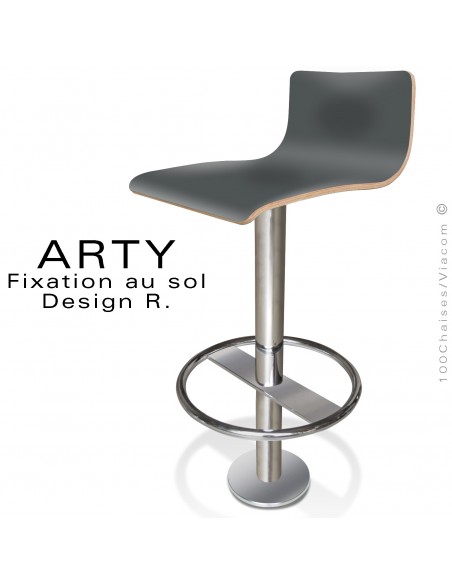 Tabouret de bar ARTY, colonne centrale fixation au sol avec repose pieds chromé, assise stratifié couleur gris foncé.