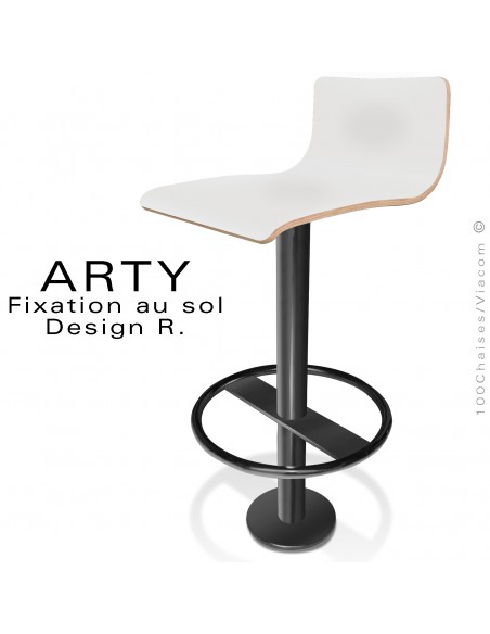 Tabouret de bar ARTY, colonne centrale fixation au sol avec repose pieds peint noir, assise stratifié couleur blanche.