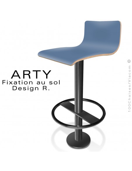 Tabouret de bar ARTY, colonne centrale fixation au sol avec repose pieds peint noir, assise stratifié couleur bleu.