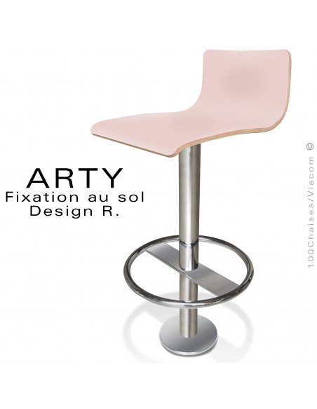 Tabouret de bar ARTY, colonne centrale fixation au sol avec repose pieds chromé, assise stratifié couleur rose.