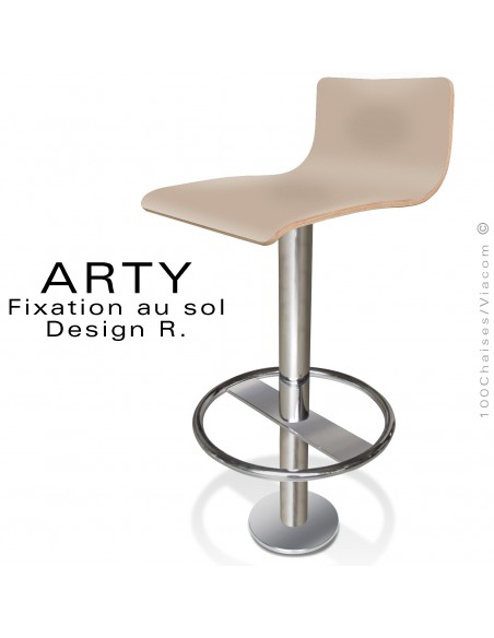 Tabouret de bar ARTY, colonne centrale fixation au sol avec repose pieds chromé, assise stratifié couleur Camel.