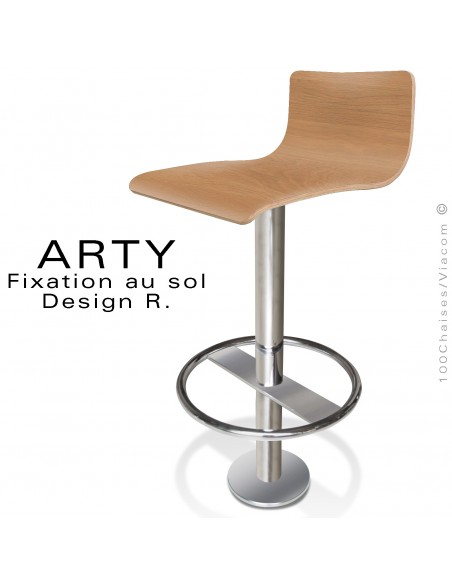 Tabouret de bar ARTY, colonne centrale fixation au sol, repose pieds chromé, assise stratifié Chêne de Macédonie.