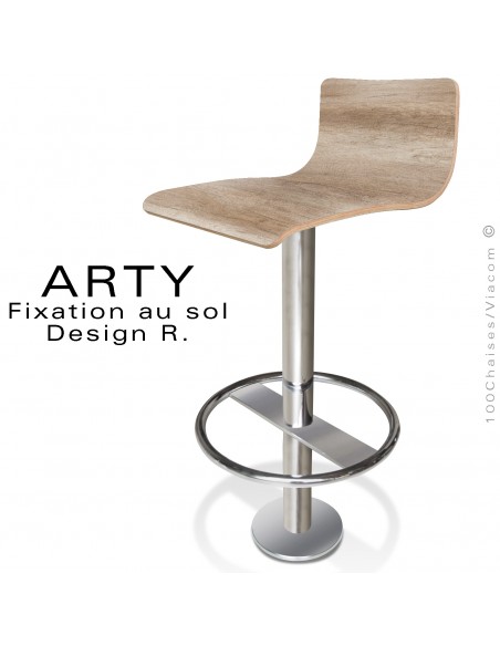 Tabouret de bar ARTY, colonne centrale fixation au sol, repose pieds chromé, assise stratifié Chêne brun clair.