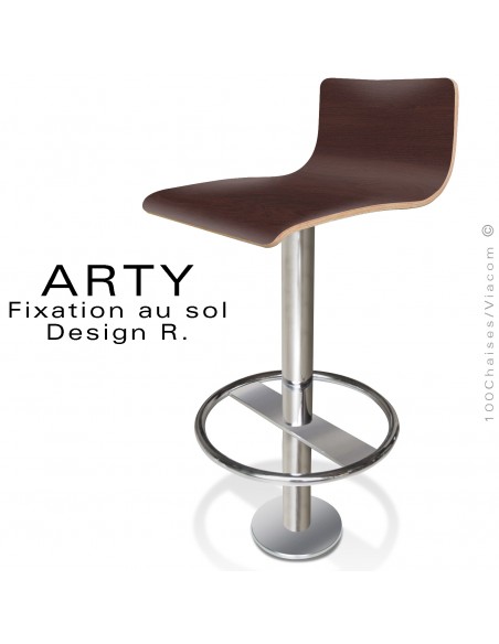 Tabouret de bar ARTY, colonne centrale fixation au sol, repose pieds chromé, assise stratifié Chêne Wengé.
