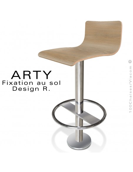 Tabouret de bar ARTY, colonne centrale fixation au sol, repose pieds chromé, assise stratifié Chêne Québec.