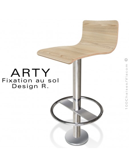 Tabouret de bar ARTY, colonne centrale fixation au sol, repose pieds chromé, assise stratifié Frêne blond.