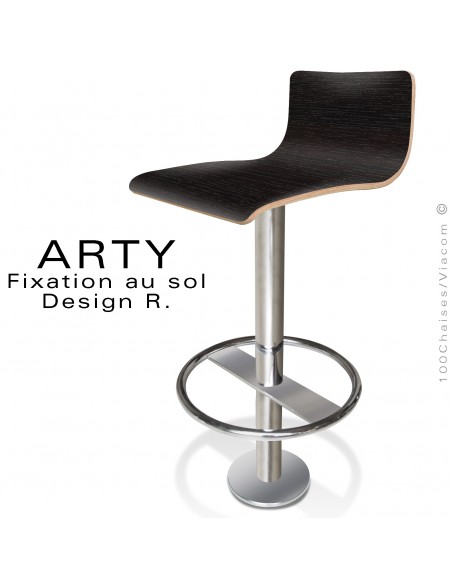 Tabouret de bar ARTY, colonne centrale fixation au sol, repose pieds chromé, assise stratifié Chêne Sorano brun noir.