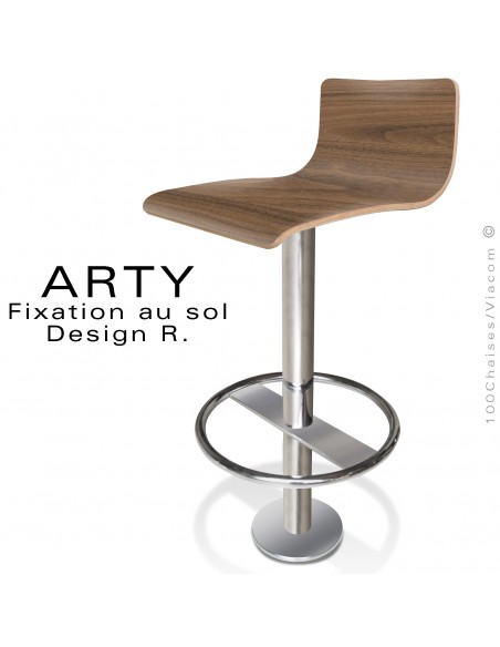 Tabouret de bar ARTY, colonne centrale fixation au sol, repose pieds chromé, assise stratifié Noyer Carini naturel.