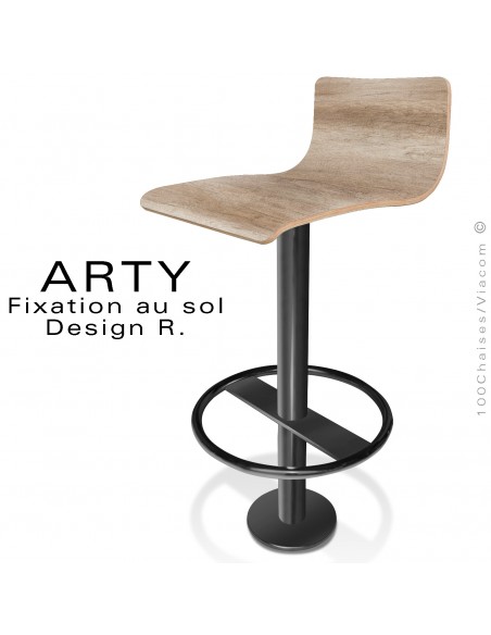Tabouret de bar ARTY, colonne centrale fixation au sol, repose pieds peint noir, assise stratifié Chêne brun clair.