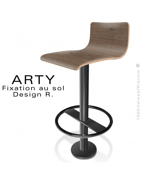 Tabouret de bar ARTY, colonne centrale fixation au sol, repose pieds peint noir, assise stratifié Chêne des marais grainé.
