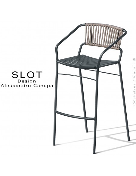 Tabouret d'extérieur SLOT, piétement acier galvanisé peint anthracite, dossier corde crème.