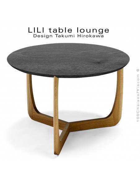 Table basse design LILI, piétement hauteur 46 cm. finition huilé et plateau Ø60 cm., chêne massif teinté noir.