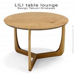 Table basse design LILI, piétement hauteur 46 cm., finition huilé et plateau Ø60 cm., chêne massif huilé.