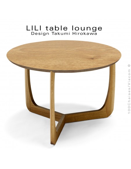 Table basse design LILI, piétement hauteur 46 cm., finition huilé et plateau Ø60 cm., chêne massif huilé.