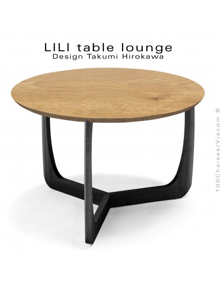 Table basse design LILI, piétement hauteur 46 cm. finition teinté noir et plateau Ø60 cm., chêne massif huilé.