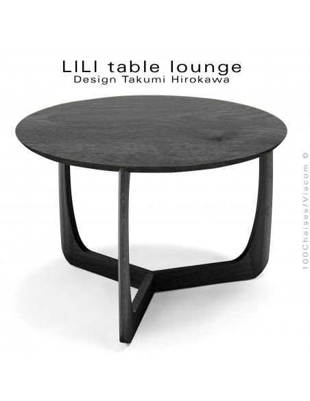 Table basse design LILI, piétement hauteur 46 cm. finition teinté noir et plateau Ø60 cm., chêne massif teinté noir.